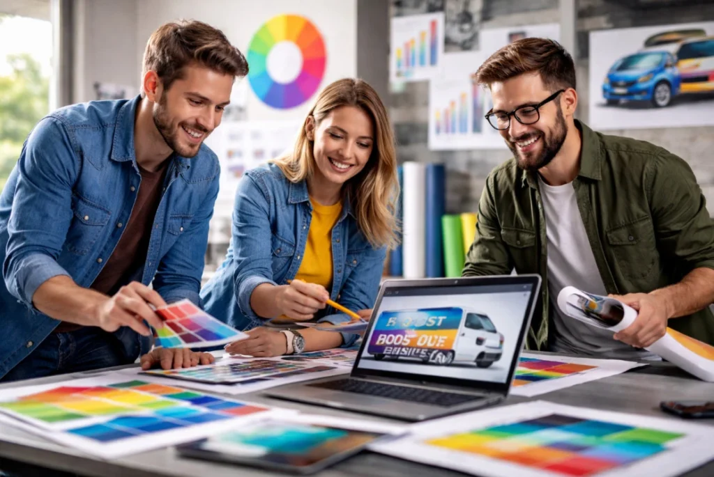 Équipe de graphistes créant une identité visuelle et un covering véhicule professionnel